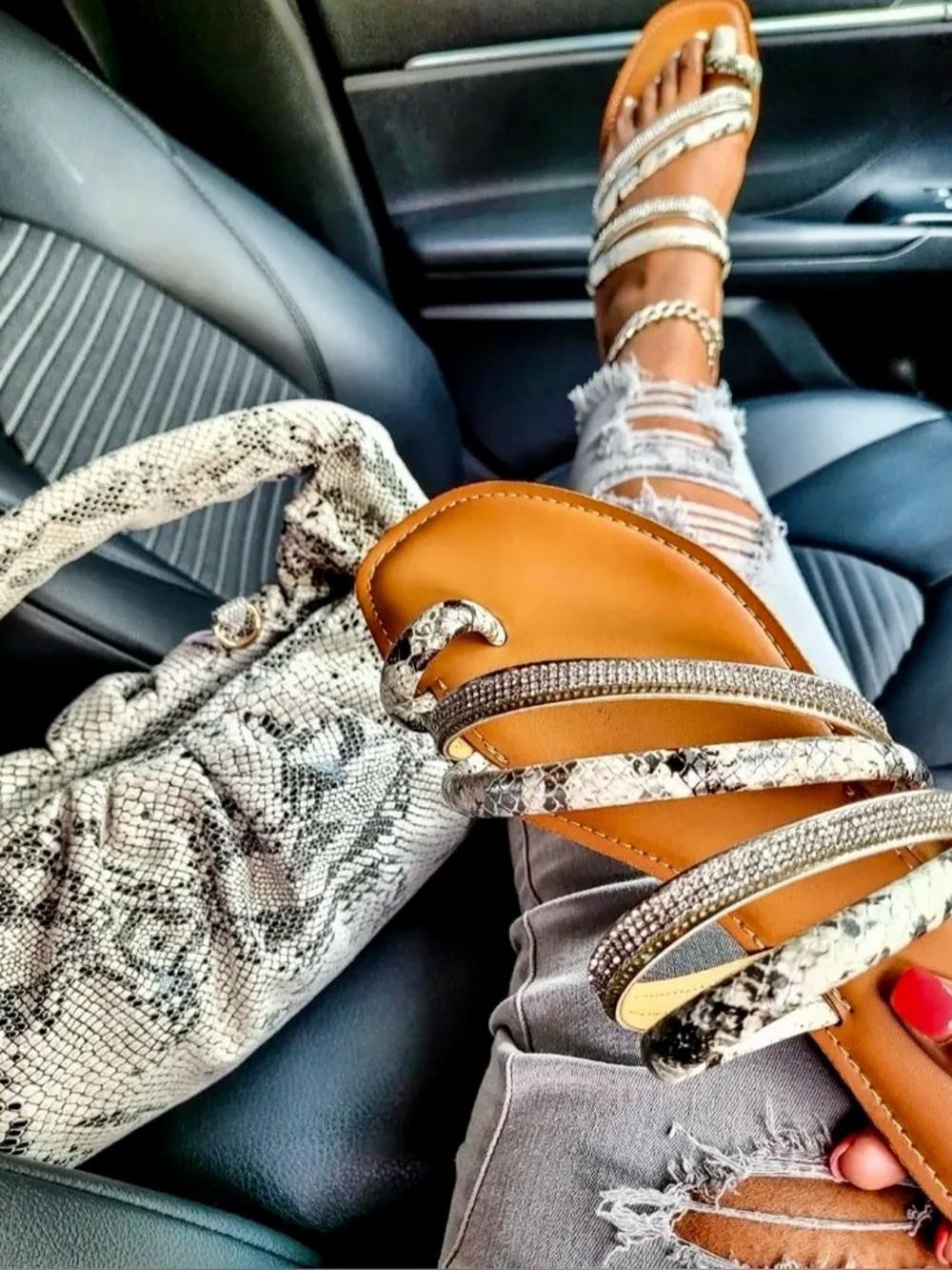 Brand new Soda Women's Snake-Print Rhinestone Toe-Loop Sandals in Beige